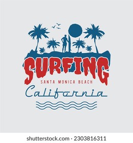 Vector illustration on the theme of surfing and surf in California.  Sport typography, t-shirt graphics, print, poster, banner, flyer, postcard