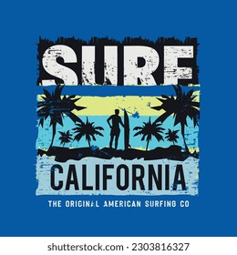 Vector illustration on the theme of surfing and surf in California. Vintage design. Grunge background. Stump typography, t-shirt graphics, print, poster, banner, flyer, postcard
