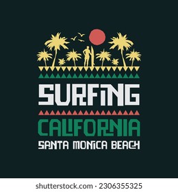 Vector illustration on the theme of surfing and surf in California. Sport typography, t-shirt graphics, print, poster, banner, flyer, postcard