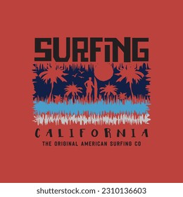 Vector illustration on the theme of surfing and surf in California.  Sport typography, t-shirt graphics, print, poster, banner, flyer, postcard