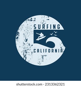 Vector illustration on the theme of surfing and surf in California. Vintage design. Sport typography, t-shirt graphics, print, poster, banner, flyer, postcard