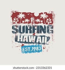 Vector illustration on the theme of surfing and surf in California. Vintage design. Grunge background. Sport typography, t-shirt graphics, print, poster, banner, flyer, postcard