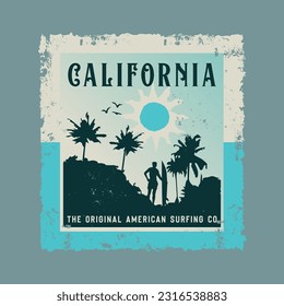 Vector illustration on the theme of surfing and surf in California. Vintage design. Grunge backgroun. Sport typography, t-shirt graphics, print, poster, banner, flyer, postcard