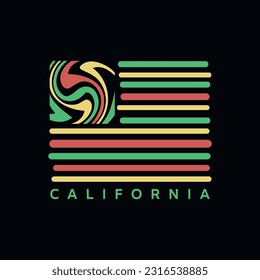 Vector illustration on the theme of surfing and surf in California. American flag. Typography, t-shirt graphics, print, poster, banner, flyer, postcard