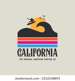 Vector illustration on the theme of surfing and surf in California. Vintage design. Sport typography, t-shirt graphics, print, poster, banner, flyer, postcard