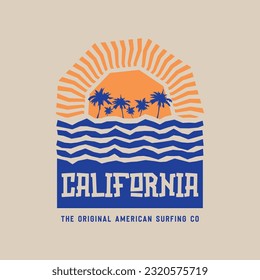 Ilustración vectorial sobre el tema del surf y el surf en California. Diseño de época. Tipografía deportiva, gráficos para camisetas, impresión, afiche, pancarta, volante, postal