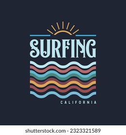 Vektorgrafik zum Thema Surfen und Surfen in Kalifornien. Sporttypografie, T-Shirt-Grafik, Druck, Poster, Banner, Flyer, Postkarte