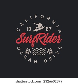 Vector illustration on the theme of surfing and surf rider in California. Stamp typography, t-shirt graphics, print, poster, banner, flyer, postcard