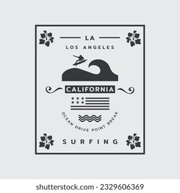 Vector illustration on the theme of surfing and surf in California. Sport typography, t-shirt graphics, print, poster, banner, flyer, postcard