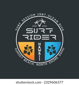 Vector illustration on the theme of surfing and surf rider in Hawaii. Stamp typography, t-shirt graphics, print, poster, banner, flyer, postcard