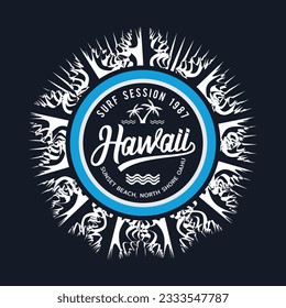 Vector illustration on the theme of surfing and surf in Hawaii. Stump typography, t-shirt graphics, print, poster, banner, flyer, postcard