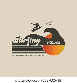 Vector illustration on the theme of surfing and surf in Hawaii. Vintage design. Sport typography, t-shirt graphics, print, poster, banner, flyer, postcard