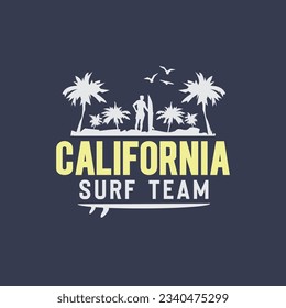 Vector illustration on the theme of surfing and surf in California. Sport typography, t-shirt graphics, print, poster, banner, flyer, postcard