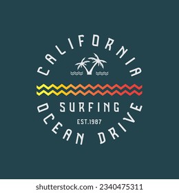 Ilustración vectorial sobre el tema del surf y el surf en California. Tipografía de bulto, gráficos de camisetas, impresión, afiche, pancarta, volante, postal