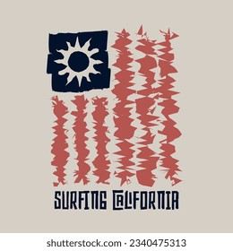 Ilustración vectorial sobre el tema del surf y el surf en California. Diseño de época. Borde de fondo. Tipografía deportiva, gráficos para camisetas, impresión, afiche, pancarta, volante, postal