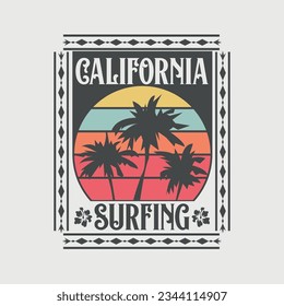 Vector illustration on the theme of surfing and surf in California. Sport typography, t-shirt graphics, print, poster, banner, flyer, postcard