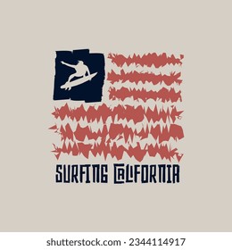 Vector illustration on the theme of surfing and surf in California. Vintage design. Sport typography, t-shirt graphics, print, poster, banner, flyer, postcard