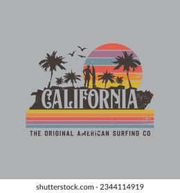 Vector illustration on the theme of surfing and surf in California. Vintage design. Grunge background. Sport typography, t-shirt graphics, print, poster, banner, flyer, postcard