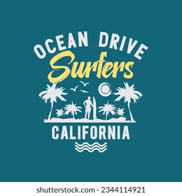 Vector illustration on the theme of surfing and surf in California. Vintage design. Sport typography, t-shirt graphics, print, poster, banner, flyer, postcard