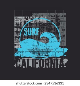 Vector illustration on the theme of surfing and surf in California. Vintage design. Grunge background. Sport typography, t-shirt graphics, print, poster, banner, flyer, postcard