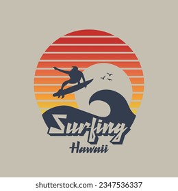 Vector illustration on the theme of surfing and surf Hawaii. Vintage design. Sport typography, t-shirt graphics, print, poster, banner, flyer, postcard