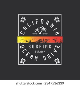 Vector illustration on the theme of surfing and surf in California. Sport typography, t-shirt graphics, print, poster, banner, flyer, postcard