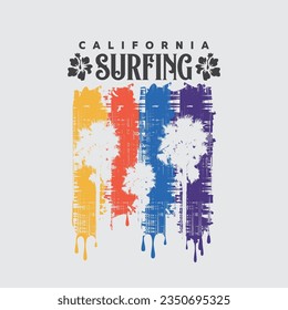 Vector illustration on the theme of surfing and surf in California. Vintage design. Grunge background. Sport typography, t-shirt graphics, print, poster, banner, flyer, postcard