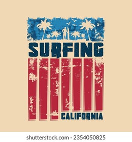 Ilustración vectorial sobre el tema del surf y el surf en California. Diseño de época. Borde de fondo. Tipografía deportiva, gráficos para camisetas, impresión, afiche, pancarta, volante, postal
