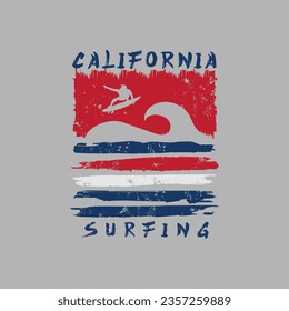 Vector illustration on the theme of surfing and surf in California. Vintage design. Grunge background. Typography, t-shirt graphics, print, poster, banner, flyer, postcard