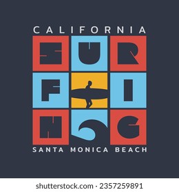 Vector illustration on the theme of surfing and surf in California. Sport typography, t-shirt graphics, print, poster, banner, flyer, postcard