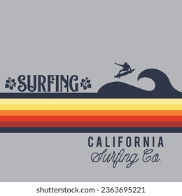 Vector illustration on the theme of surfing and surf California. Vintage design. Sport typography, t-shirt graphics, print, poster, banner, flyer, postcard