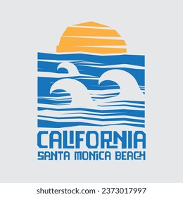 Ilustración vectorial sobre el tema del surf y el surf en California. Tipografía deportiva, gráficos para camisetas, impresión, afiche, pancarta, volante, postal