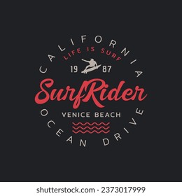 Vector illustration on the theme of surfing and surf rider in California. Sport typography, t-shirt graphics, print, poster, banner, flyer, postcard