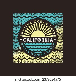 Vector illustration on the theme of surfing and surf in California. Sport typography, t-shirt graphics, print, poster, banner, flyer, postcard