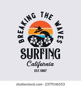 Ilustración vectorial sobre el tema del surf y el surf en California. Diseño de época. Tipografía deportiva, gráficos para camisetas, impresión, afiche, pancarta, volante, postal