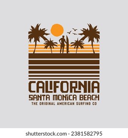 Vector illustration on the theme of surfing and surf in California. Sport typography, t-shirt graphics, print, poster, banner, flyer, postcard