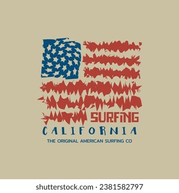 Vector illustration on the theme of surfing and surf in California. Vintage design. Typography, t-shirt graphics, print, poster, banner, flyer, postcard
