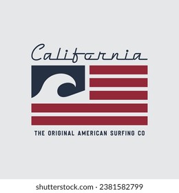 Ilustración vectorial sobre el tema del surf y el surf en California. Bandera estadounidense.  Tipografía deportiva, gráficos para camisetas, impresión, afiche, pancarta, volante, postal