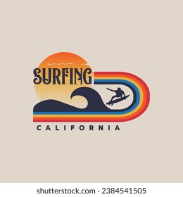 Vector illustration on the theme of surfing and surf in California. Vintage design. Sport typography, t-shirt graphics, print, poster, banner, flyer, postcard