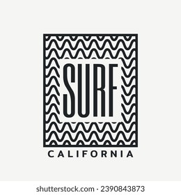 Vector illustration on the theme of surfing and surf in California. Typography, t-shirt graphics, print, poster, banner, flyer, postcard