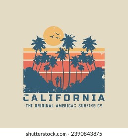 Vector illustration on the theme of surfing and surf riders in California. Vintage design. Grunge background. Sport typography, t-shirt graphics, print, poster, banner, flyer, postcard