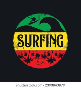 Vector illustration on the theme of surfing and surf riders in California. Vintage design. Grunge background. Sport typography, t-shirt graphics, print, poster, banner, flyer, postcard