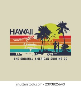 Vector illustration on the theme of surfing and surf riders in Hawaii. Vintage design. Grunge background. Sport typography, t-shirt graphics, print, poster, banner, flyer, postcard