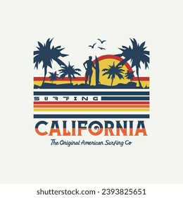 Vector illustration on the theme of surfing and surf in California. Sport typography, t-shirt graphics, print, poster, banner, flyer, postcard