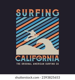 Vector illustration on the theme of surfing and surf in California. Sport typography, t-shirt graphics, print, poster, banner, flyer, postcard
