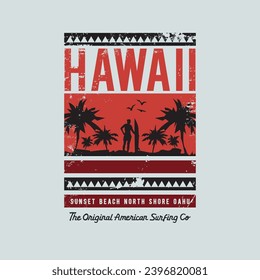 Vector illustration on the theme of surfing and surf riders in Hawaii. Vintage design. Grunge background. Sport typography, t-shirt graphics, print, poster, banner, flyer, postcard