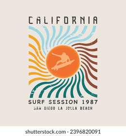 Vector illustration on the theme of surfing and surf in California. Sport typography, t-shirt graphics, print, poster, banner, flyer, postcard