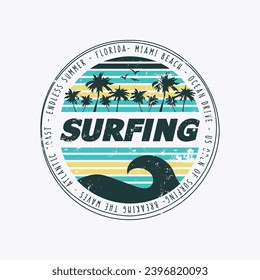 Vector illustration on the theme of surfing and surf riders in Forida. Vintage design. Grunge background. Sport typography, t-shirt graphics, print, poster, banner, flyer, postcard