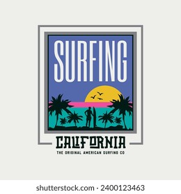 Vector illustration on the theme of surfing and surf in California. Sport typography, t-shirt graphics, print, poster, banner, flyer, postcard