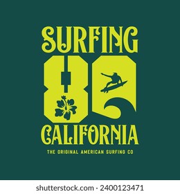 Vector illustration on the theme of surfing and surf in California. Vintage design. Number sport typography, t-shirt graphics, print, poster, banner, flyer, postcard